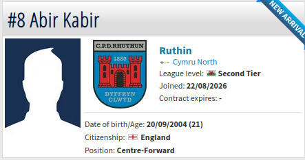 probashisoccer's tweet photo. Player Update!

Abir Kabir, 21 y/o 🏴󠁧󠁢󠁥󠁮󠁧󠁿 English-origin CF/AM signs or Ruthin Town F.C. in 🏴󠁧󠁢󠁷󠁬󠁳󠁿 Cymru North (WAL-2) from Villaverde C.F. in 🇪🇸ESP-5. 

We wish him the best of luck!

See full database on: https://t.co/MxUnZFYOc9

#BangladeshFootball https://t.co/edv2tivh1B