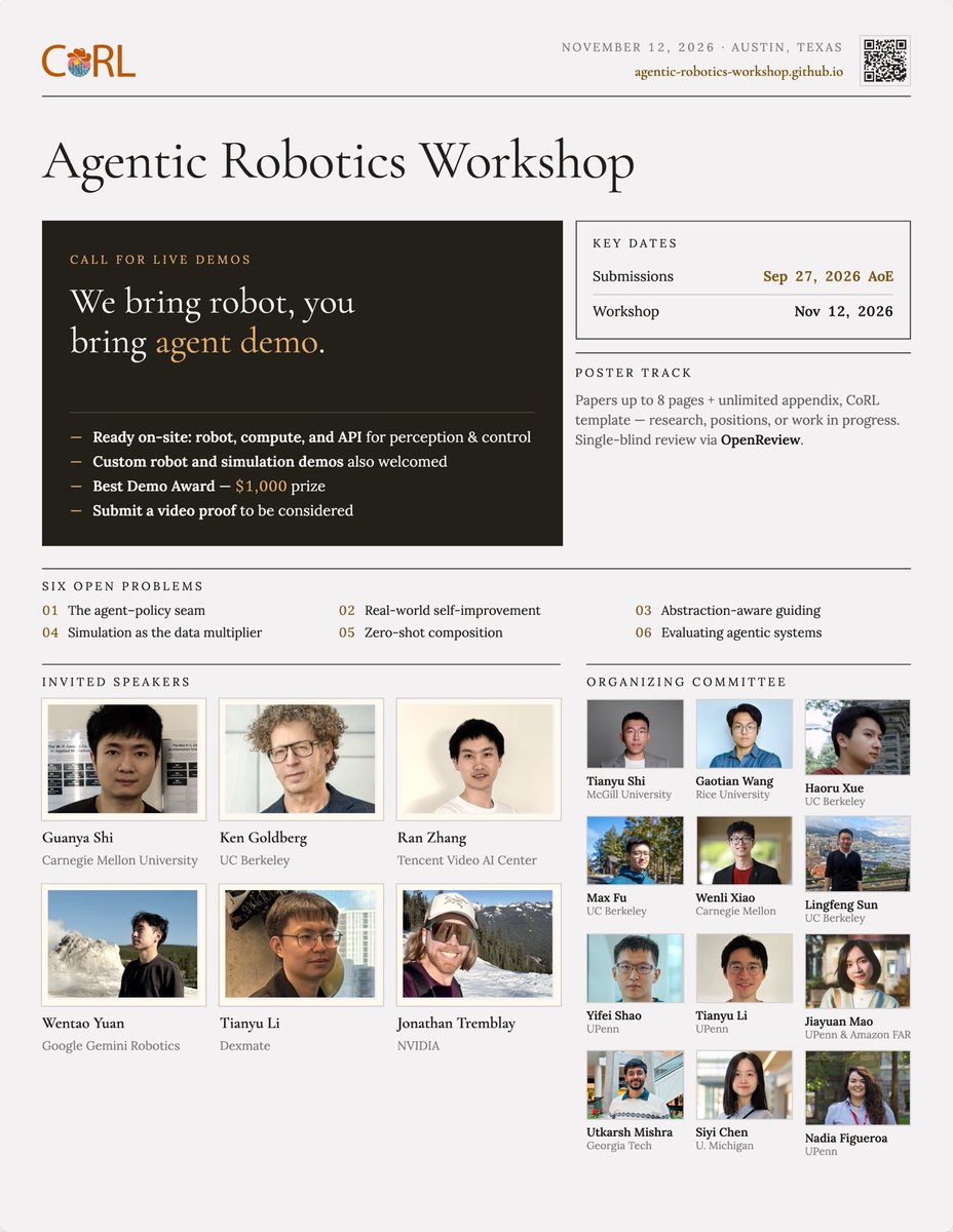 HaoruXue's tweet photo. 🚨 Call for live demo / paper at CoRL 2026 𝗔𝗴𝗲𝗻𝘁𝗶𝗰 𝗥𝗼𝗯𝗼𝘁𝗶𝗰𝘀 𝗪𝗼𝗿𝗸𝘀𝗵𝗼𝗽! No paper required for demo track. Due Sep 27.

🔮 The real magical power of agent is live interactive demo with the audience, which is why we provide all-out support:

- Robot, compute, and API are ready for you in the conference room

- Custom robot / sim demo also welcomed

- Just submit a video proof - friendly to industrial participants

https://t.co/F2L9Q05PAK

Paper submission also welcomed!

We also have an amazing speaker lineup from CMU, UC Berkeley, DeepMind, NVIDIA, and Tencent.