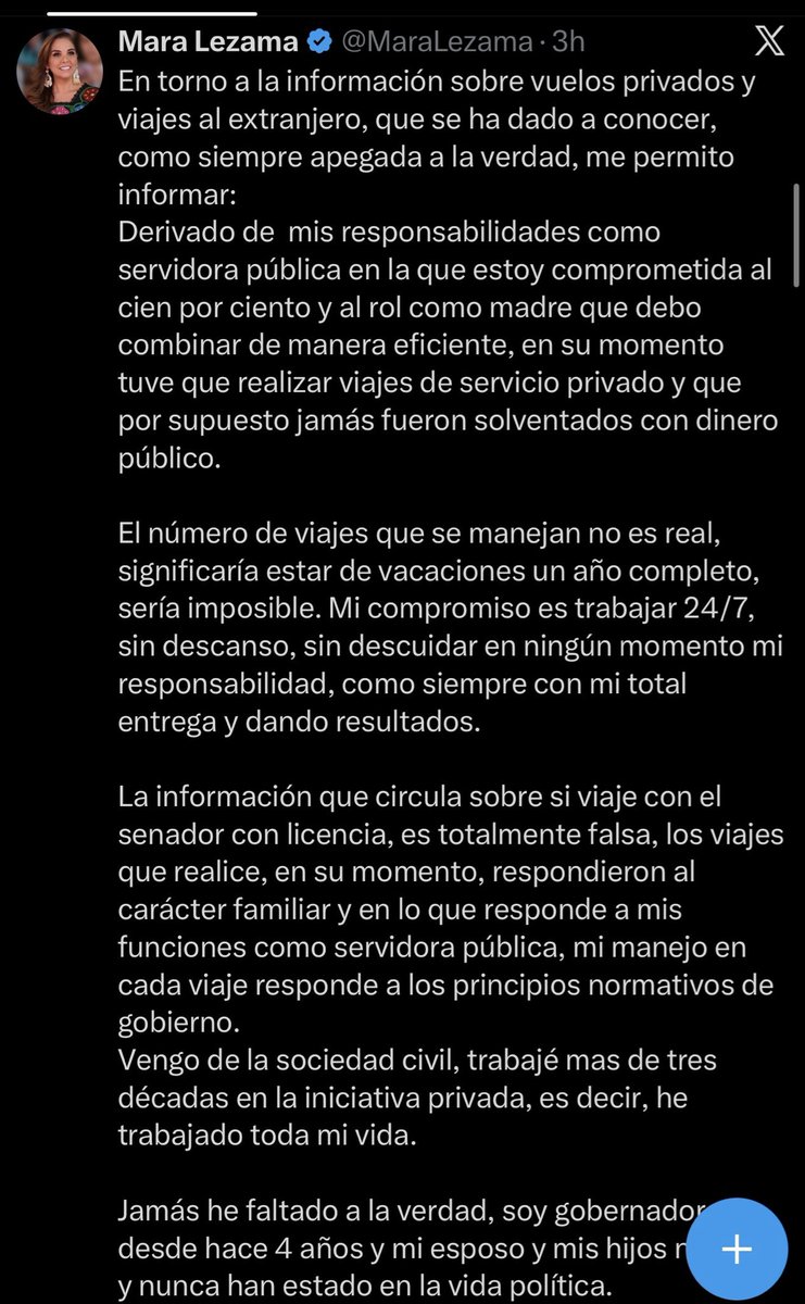 MarioMal's tweet photo. La presidenta @Claudiashein pide a la gobernadora @MaraLezama que aclare cuántos viajes en avión privado, con qué dinero y/o cómo los financió. De paso podría aclarar también por qué comparte aviones con el “dueño” del @partidoverdemex, Jorge Emilio González, el virrey de Quintana Roo. 

Esta es la insuficiente y autoinculpatoria respuesta de la gobernadora: