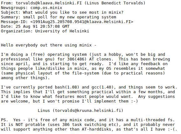 nerdearla's tweet photo. Un día como hoy, en 1991, Linus Torvalds publicó que estaba trabajando en un nuevo sistema operativo como hobby.

Ese mensaje fue el punto de partida de lo que hoy conocemos como Linux 🐧⬇️ https://t.co/CQkWjfyQYD