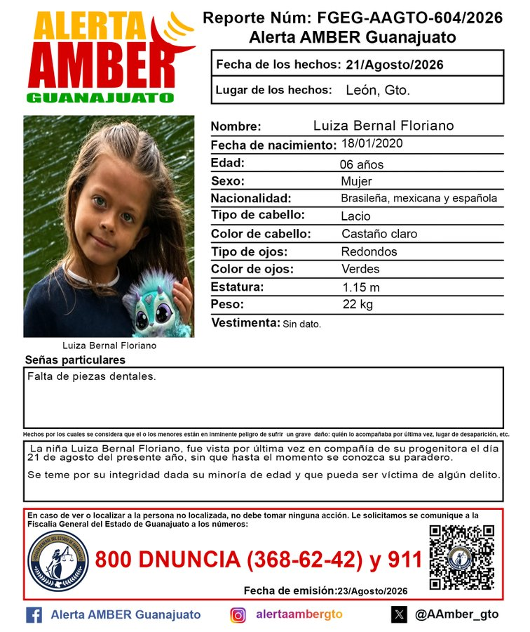 AztecaNoticias's tweet photo. ¡Ayuda para encontrar a Luiza! La niña de 6 años desapareció junto a su madre en León, Guanajuato, desde el 21 de agosto.

Autoridades activaron la #AlertaAMBER y piden apoyo para localizarla.

Si tienes información que ayude a dar con su paradero, no dudes en acudir a las autoridades.

https://t.co/vTdwzPeHDe