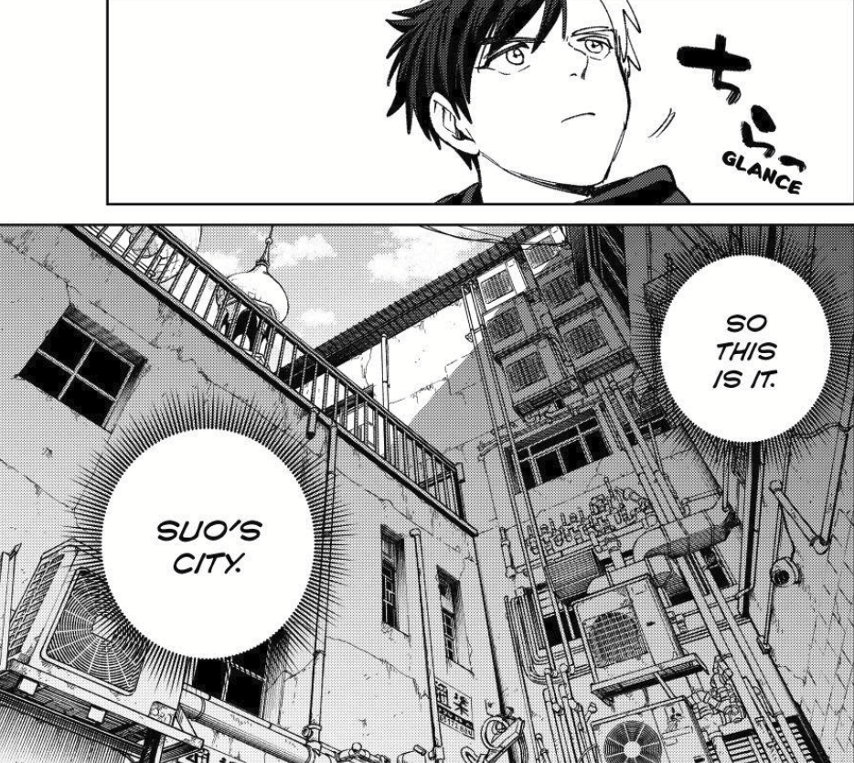 tamakomas's tweet photo. i genuinely love how the latest arc of wind breaker manages to make you feel all of sakura's emotions for suo. with the dream where you see him reaching for suo, and then in suo's city, when he's looking around as if trying to find suo in this decrepit city, far away from makochi https://t.co/1HYcPnulps