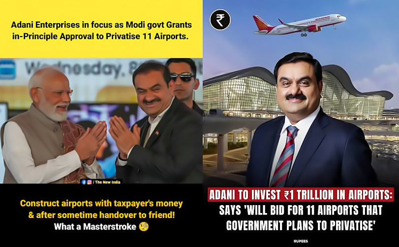 muralitwit's tweet photo. THE ADANI-MODI NEXUS?

6 airports last time.
One winner: Adani. All six.

Now 11 more, leased for 50 years.

The Modi government calls it “privatisation.”

India sees a familiar pattern: 
Taxxpayer-built public assets handed to the same Modi-linked crony capitalist. https://t.co/XPA4kUcIjO