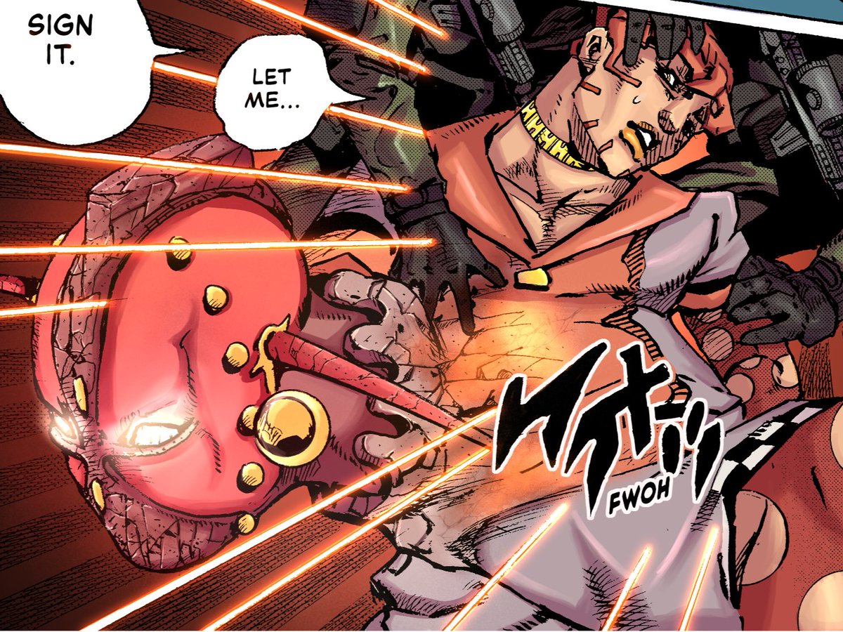 The_Chromaverse's tweet photo. Jodio and Dragona defeat Key West together, reaching victory with the lava rock in their possession. Howler has no choice but to accept he is the losing party🛳️🚁

We've got a double feature this month! Our fan-coloured chapters 31 &amp; 32 of #TheJojolands are in the links below⬇️ https://t.co/39jEcfUTyD