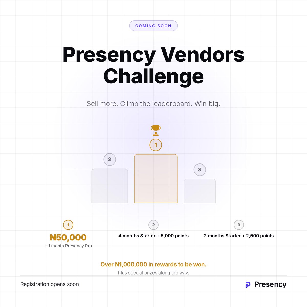 presencyltd's tweet photo. Big things coming for vendors on Presency π
The Presency Vendors Challenge is almost here
Sell more, climb the leaderboard, and win from a pool of over β¦1,000,000 in rewards.
Registration opens soon. Are you ready to compete?
#Presency #ComingSoon https://t.co/VkIFkiiaOw