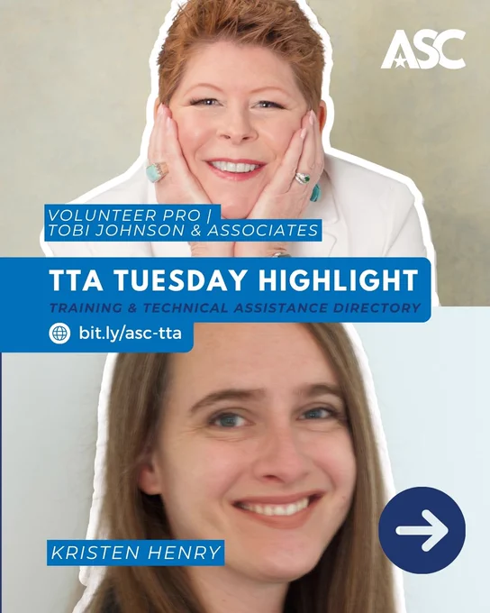 TTA Tuesday Highlight. The top picture is Tobu Johnson from Volunteer Pro, Tobi Johnson & Associates. The bottom picture is Kristen Henry smiling at the camera from Kristen Henry Consulting. The middle text reads, "Training and Technical Assistance Directory".