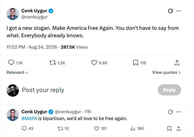 magi_jay's tweet photo. Compare Cenk Uuguyr's "bipartisan" "Make America Free Again" slogan to Joseph Goebbels' essay: “Why Are We Enemies of the Jews?” (1928). 

Here is Goebbels: 

"We are enemies of the Jews because we are warriors for the freedom of the German people. The Jew is the cause and the beneficiary of our slavery. He has used the social troubles of our broad masses in order to widen the split between the Right and Left among our people, he has split Germany into two halves." 

It's the same thing.