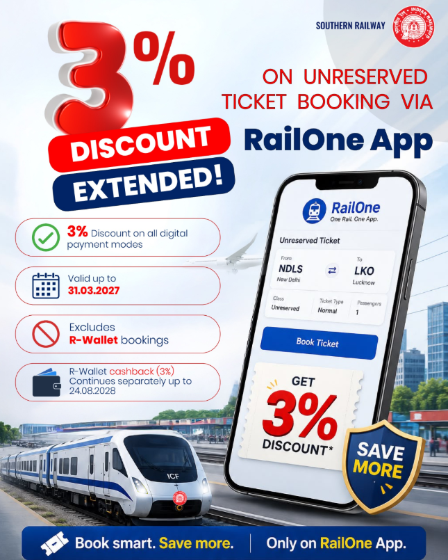 drmmadurai's tweet photo. Save more on every journey!

Book your unreserved tickets through the RailOne App and enjoy a 3% discount on all digital payment modes.  Offer extended till 31.03.2027 (excluding R-Wallet bookings).

#SouthernRailway #IndianRailways #RailOne #DigitalIndia #Travel https://t.co/Q6YAnbZ1JO