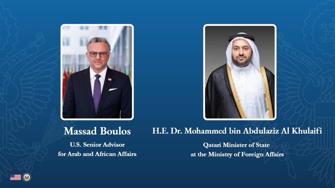 US_SrAdvisorAF's tweet photo. I had a productive phone call with H.E. Dr. Mohammed bin Abdulaziz Al Khulaifi, Qatar’s Minister of State at the Ministry of Foreign Affairs. We discussed a number of conflicts across the Arab world and the wider region, as well as other matters of mutual concern. Qatar remains a valued partner in advancing peace and stability, and we will continue working together toward these shared goals.