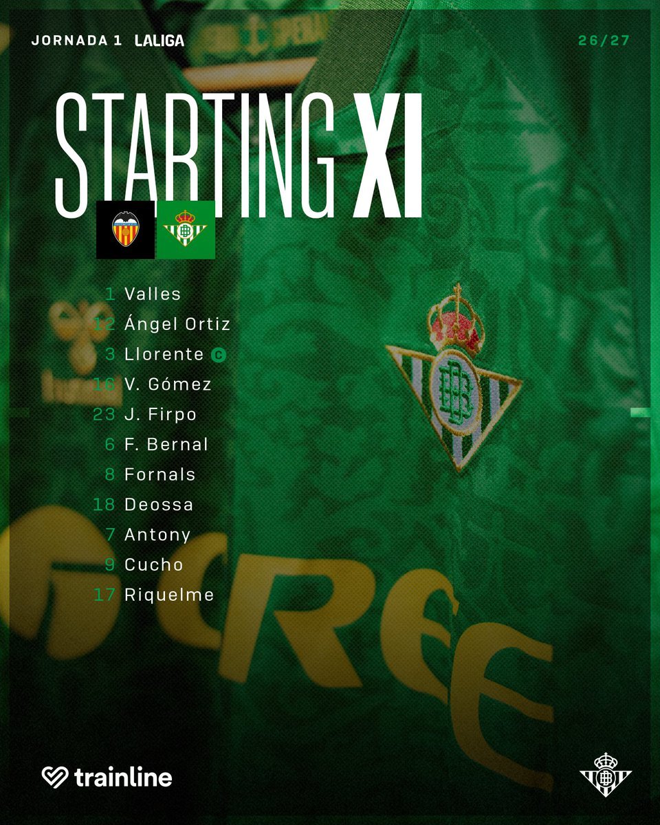 LibreDirectoSEV's tweet photo. 🟢 XI del @RealBetis para visitar Mestalla.

🧤 Valles
🛡️Ángel Ortiz, Llorente, Valentín y Junior 
⚙️ Facundo Bernal, Fornals y Deossa
⚽ Antony, Riquelme y Cucho

@carrusel | @ellarguero | @RadioSevilla | #ValenciaRealBetis https://t.co/9niyOL82AA