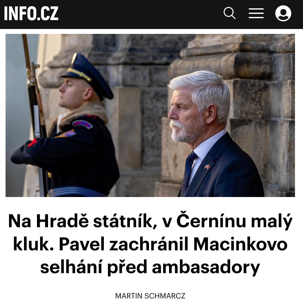 infocz_web's tweet photo. Kdo skutečně umí tvořit českou zahraniční politiku? 🇨🇿 @mschmarcz srovnává projevy ministra Petra Macinky a prezidenta Petra Pavla před českými velvyslanci. Zatímco šéf diplomacie předvedl prázdné moralizování, hlava státu nabídla jasnou vizi a zastala se západního směřování Česka. Čtěte celý komentář na https://t.co/NrZ1FsksEj! 🏛️

https://t.co/TbTdoGPcTo 

#infocz #komentar #schmarcz #diplomacie #petrpavel #macinka #politika