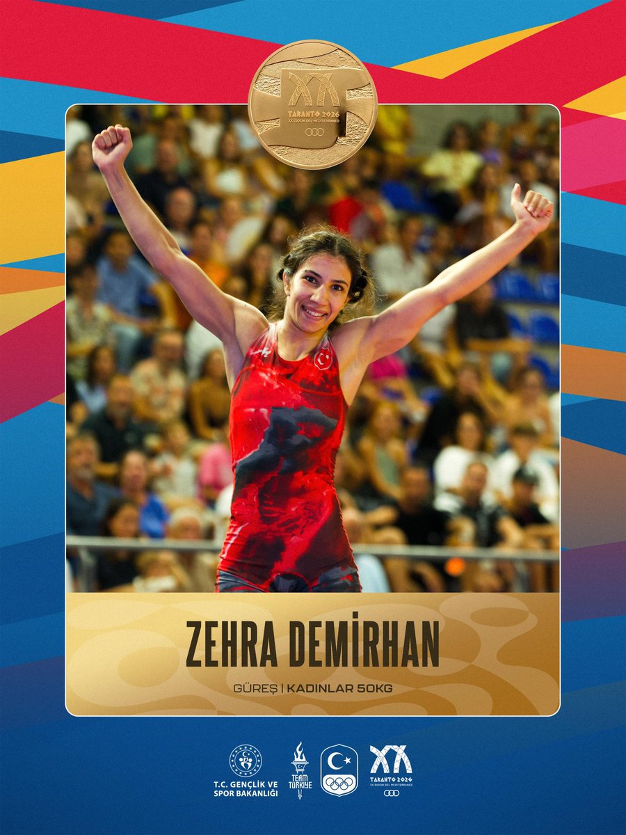 TeamTurkiye's tweet photo. 🥇Zehra Demirhan Akdeniz Oyunları Şampiyonu!

#Taranto2026 Akdeniz Oyunları'nda ülkemizi temsil eden Zehra Demirhan, güreş kadınlar 50kg finalinde Yunanistan'dan Maria Gkika'yı 7-1 yenerek altın madalya kazandı.🇹🇷🤼‍♀️

#TeamTürkiye https://t.co/Q3JoMh9cIo