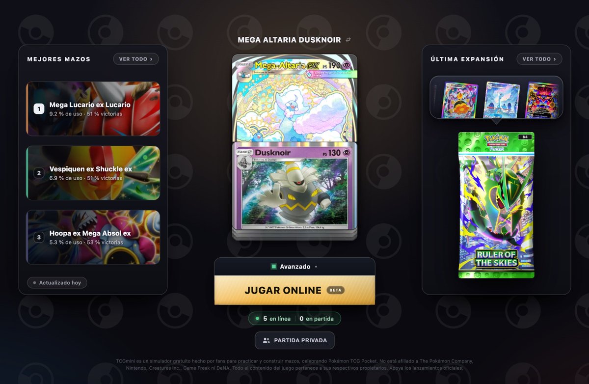 danielcmini's tweet photo. Me hace mucha ilusión esto. Mi web https://t.co/m4iBTpG0Nq YAAAA es el Pokémon Showdown de TCG Pocket. Simulador con partidas online completas

• Modo Estándar: Pocket de toda la vida, pero pudiendo copiarte un mazo meta en un segundo o creártelo con filtros brutales 

• Modo Avanzado: mazos de 30 cartas con reglas especiales, como mulligan opcional garantizado y un mini set de cartas custom que aumentan la skill y balancean los mazos grandes (HELADO SUERTE Y DARKRAI DE MAL SUEÑO BANEADOS).
  
• Modo elección: Draftea un mazo con opciones inteligentes al estilo elección de Clash Royale y automáticamente vas a partidas. 

Seguiré en respuestas más tarde. Versión beta, no sé si algo petará. Cualquier feedback o reporte se agradece por mi discord

https://t.co/m4iBTpG0Nq https://t.co/m4iBTpG0Nq https://t.co/m4iBTpG0Nq