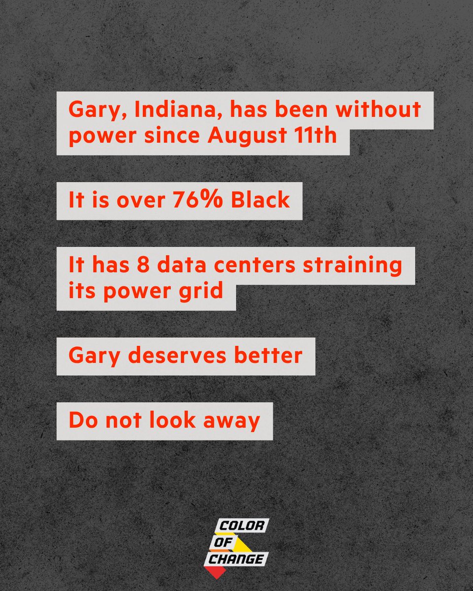 ColorOfChange's tweet photo. Since an August 11th storm, tens of thousands of residents in Gary, Indiana, have been without power. 

Color Of Change was founded in the aftermath of Hurricane Katrina and the devastation experienced by Black residents in NOLA. 

Gary deserves better than this. Don't look away. https://t.co/sfX2utAhkE