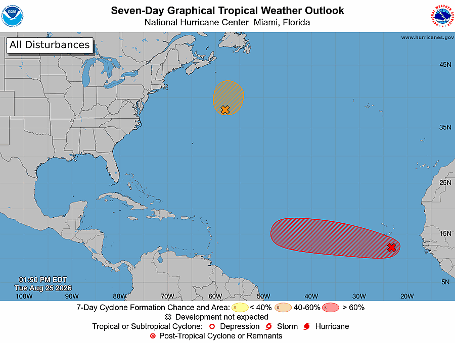 FloridaTropics1's tweet photo. No changes with the 2 PM tropical weather outlook. #95L well NE of Bermuda remains at 40% development chances and #96L in the MDR remains at 70% development chances. https://t.co/bWQY3ngaAh