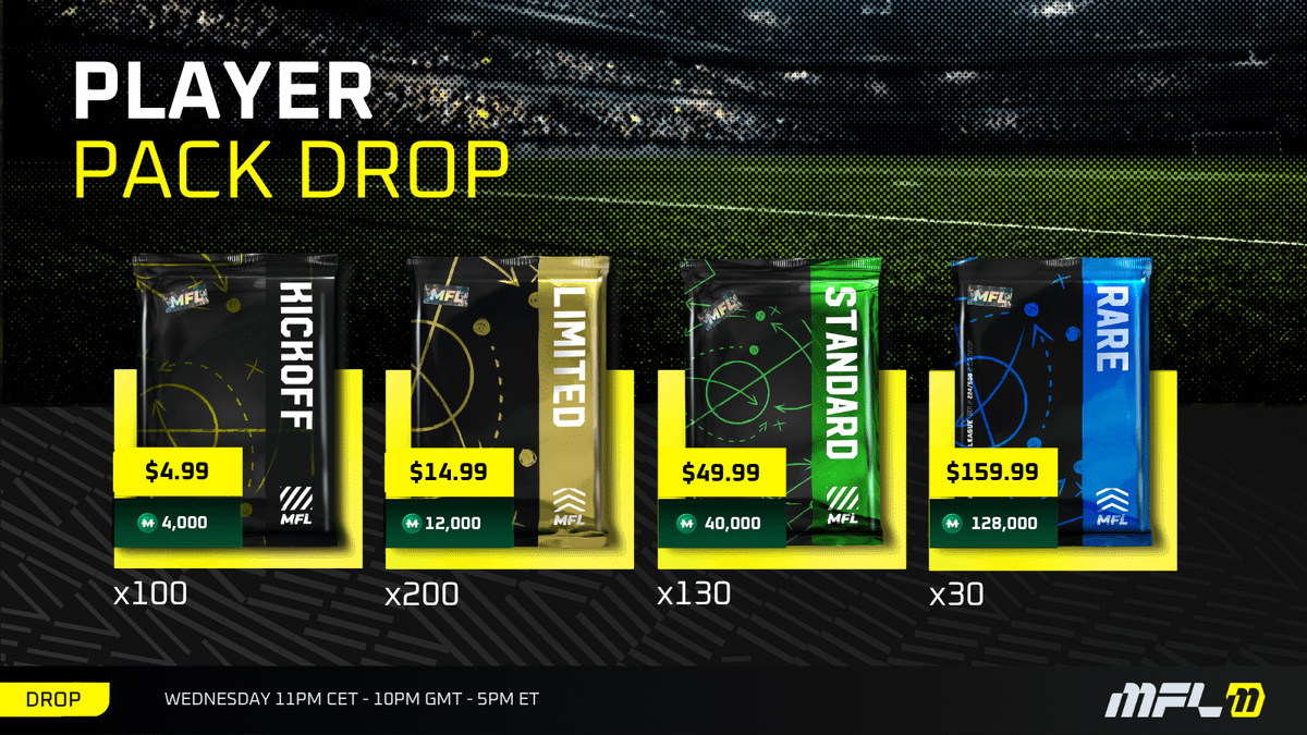 playMFL's tweet photo. Drop tomorrow.

4 pack types while supply lasts.

Be there! https://t.co/RLO57Xunjp
