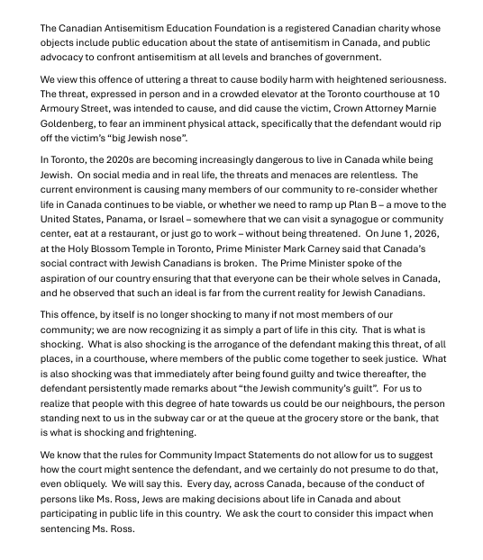 Beaf333's tweet photo. @kinsellawarren This is the Community Impact Statement of the Canadian Antisemitism Education Foundation @caefto https://t.co/GwAT91ktWL read out in court yesterday. https://t.co/02th3kcBF1