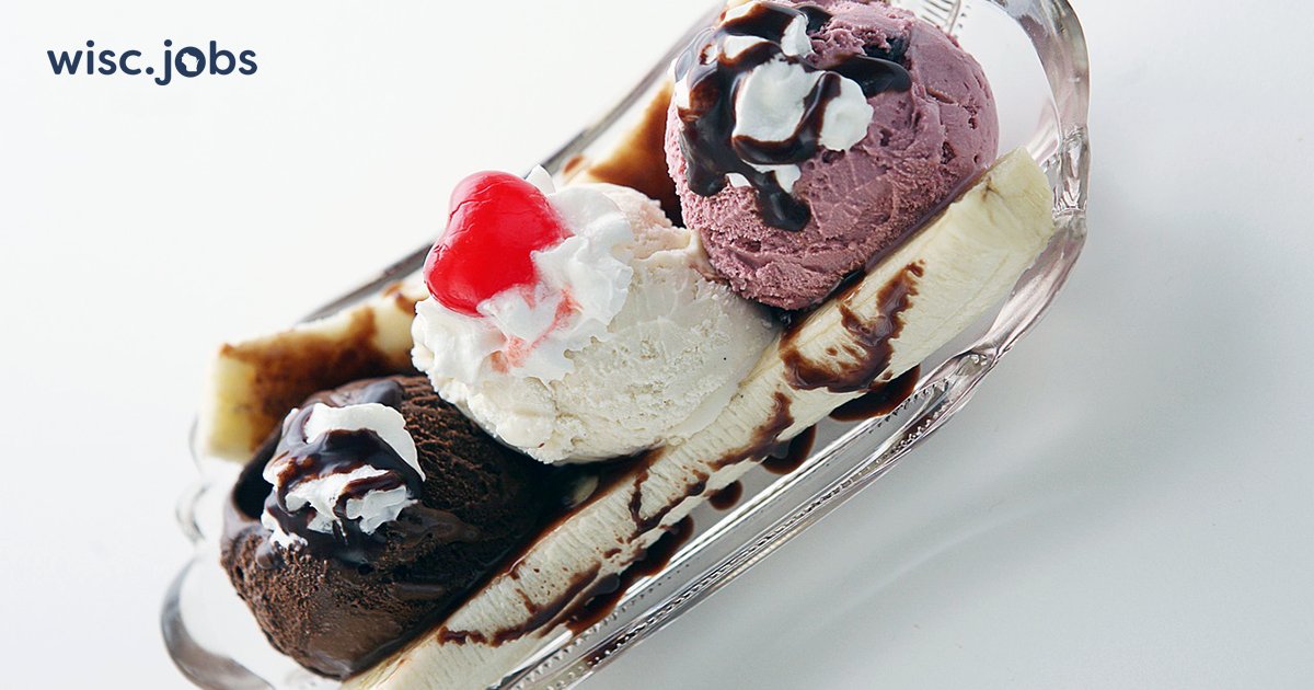 wiscjobs's tweet photo. It’s #NationalBananaSplitDay! WI Historical Society is hiring a limited term #FoodCoordinator #BeverageCoordinator at Old World WI in #EagleWI. Up to $24/hr. Apply for this great opportunity now! #WIjobs #GovJobs #FoodServiceJobs #BananaSplitDay #IceCream https://t.co/ypZoQXGvPY https://t.co/iTHLQVih9g