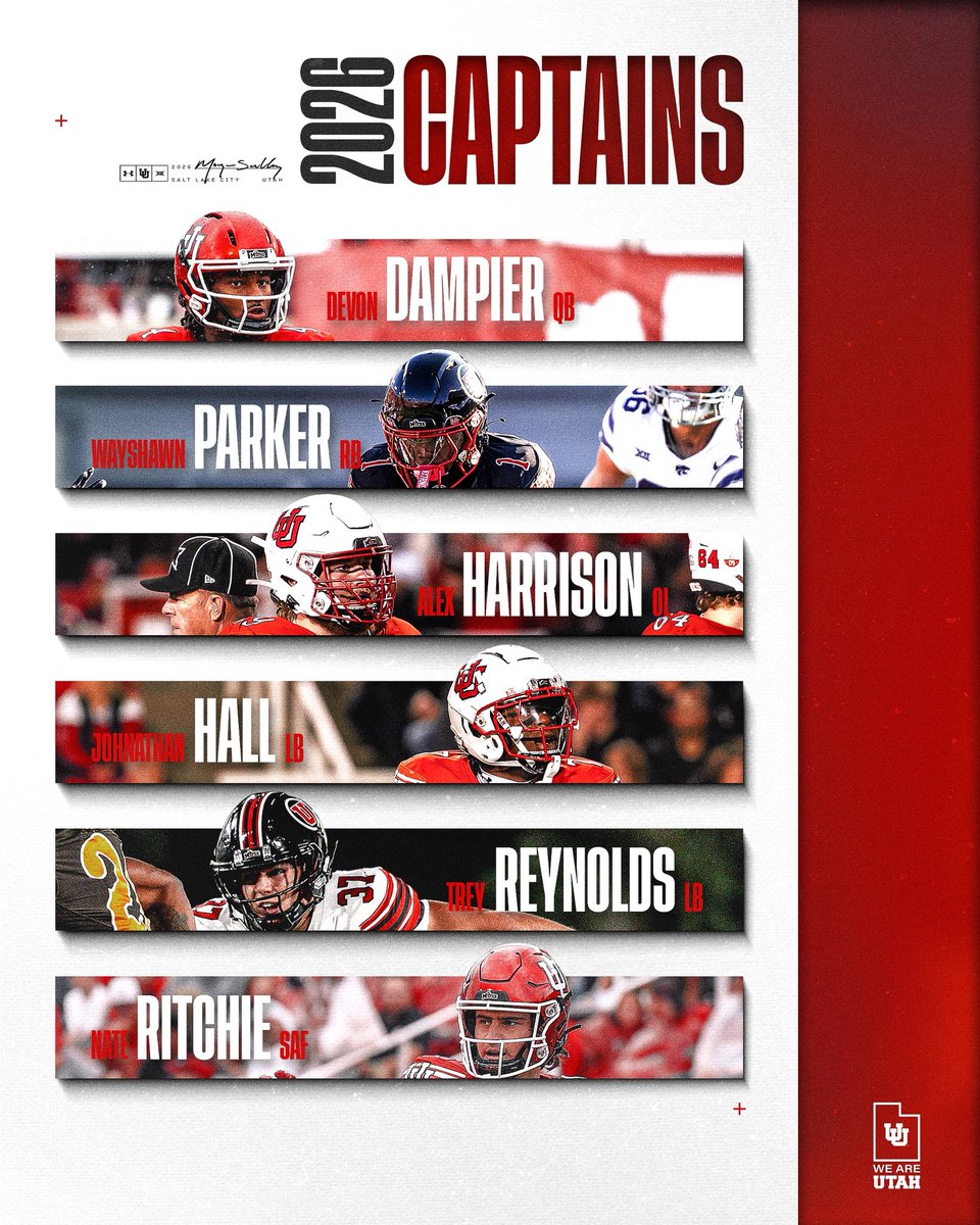 Utah_Football's tweet photo. 𝑶𝒖𝒓 𝒄𝒂𝒑𝒕𝒂𝒊𝒏𝒔 heading into the 2026 season🫡

#GoUtes | #RSNB https://t.co/UJ01YxkdJF