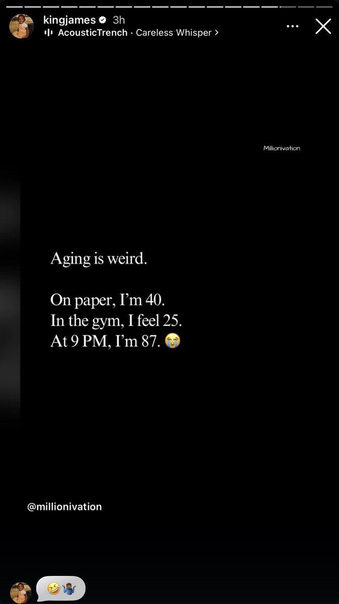 76ersMuse's tweet photo. LeBron James via IG:

“Aging is weird.
On paper, I'm 40.
In the gym, I feel 25.
At 9 PM, I'm 87.” 

🤣🤣🤣 https://t.co/NzgZgEqMed
