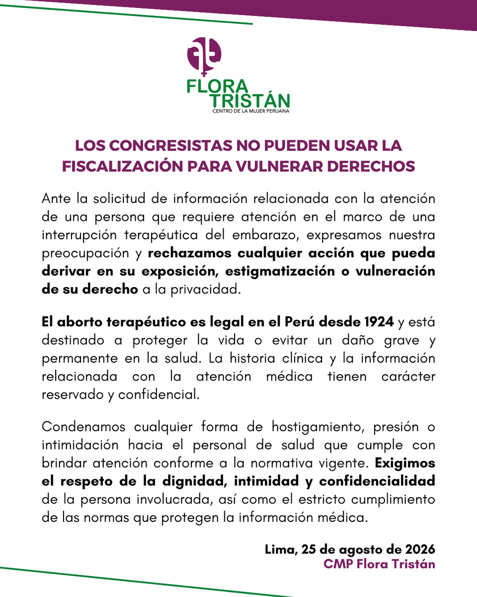 CMPFloraTristan's tweet photo. 🚨El aborto terapéutico es legal en el Perú desde 1924 y está destinado a proteger la vida o evitar un daño grave y permanente en la salud. La historia clínica y la información relacionada con la atención médica tienen carácter reservado y confidencial que no puede ser vulnerado. https://t.co/6eGAImj8E5