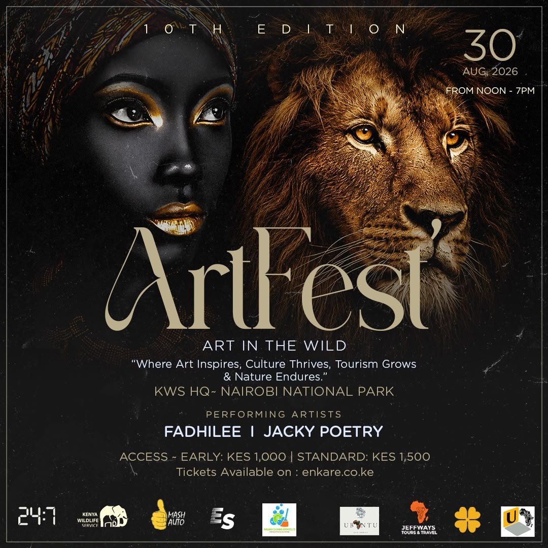 KWSKenya's tweet photo. 𝐀𝐫𝐭 𝐦𝐞𝐞𝐭𝐬 𝐭𝐡𝐞 𝐰𝐢𝐥𝐝! 🎨🦁

This August, Nairobi National Park becomes the backdrop for ArtFest: Art in the Wild - a celebration where art, culture, music and nature come together. 

📅 31st August 2026
📍 KWS HQ, Nairobi National Park
⏰ 12 Noon – 7 PM
🎶 Featuring Fadhilee & Jacky Poetry

Come experience art in a setting like no other, where art inspires, culture thrives, tourism grows and nature endures.

Tickets: https://t.co/MvdDDsL54q

Kuja na mbogi. See you in the wild! 

#ArtFest #ArtInTheWild #WildAugust #NairobiNationalPark