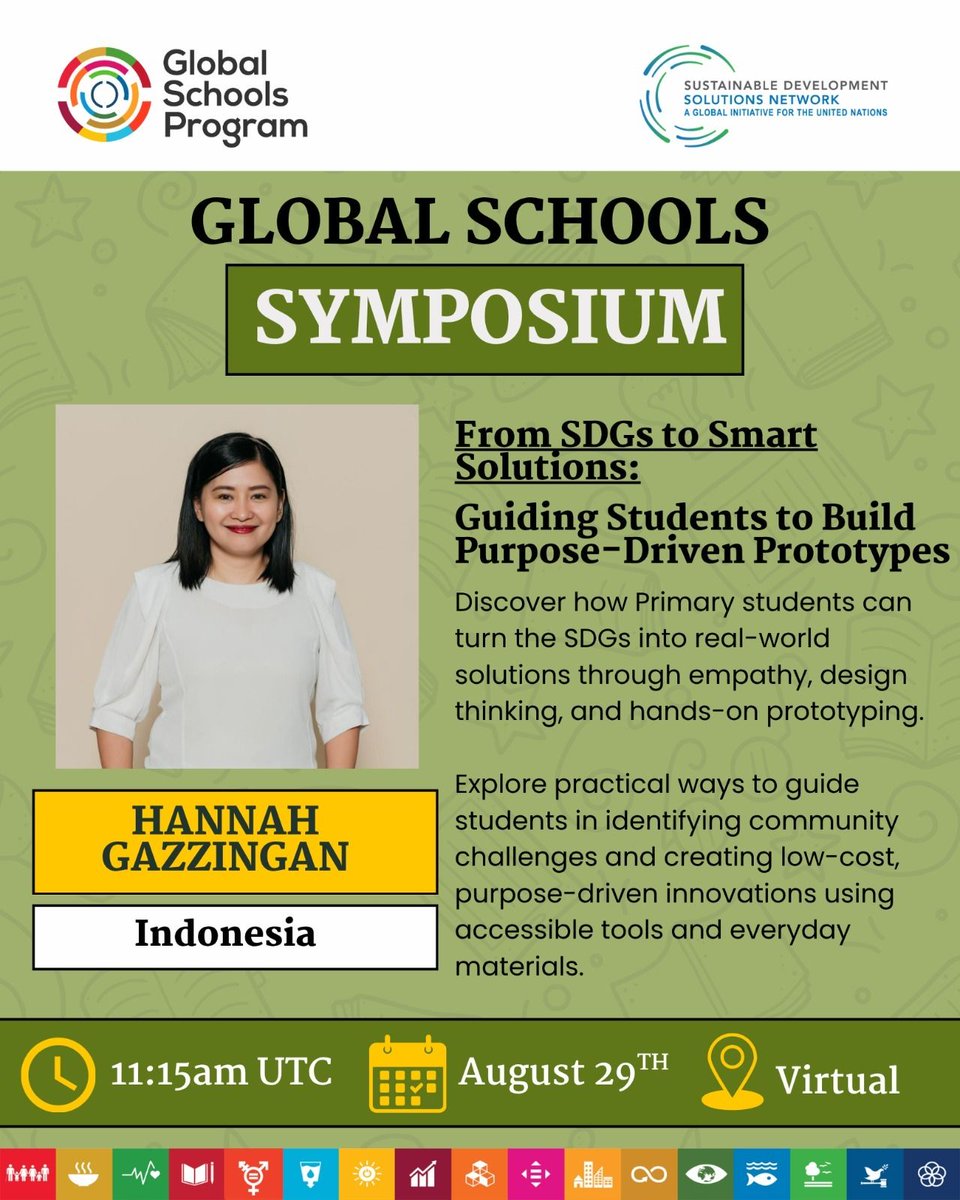 SDGsInSchools's tweet photo. Discover how accessible tools and everyday materials can help young learners become creative problem-solvers and changemakers.

📅 August 29, 2026
🕐 11:15 AM UTC
💻 Virtual

🔗 Register here:
https://t.co/Jdl29ez6Ad

📖 For more information:
https://t.co/KE7XzIg1jF https://t.co/iwg4NitOeJ