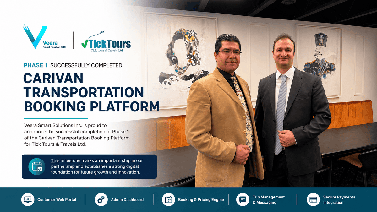veerasmartcorp's tweet photo. π Carivan Phase 1 is officially complete!
Veera Smart Solutions has successfully delivered Phase 1 of Carivan, a transportation booking platform for Tick Tours & Travels.
π https://t.co/qZiqrW4lAi
#Carivan #VeeraSmartSolutions #TravelTech https://t.co/sdUbgKI1Rk