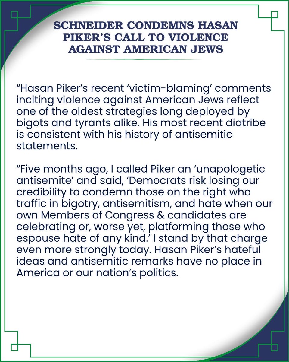 Schneider4IL10's tweet photo. All of us should strive to be a light against the darkness of hate and work toward a brighter future where everyone can thrive without threat of violence. My full statement on Hasan Piker’s call to violence against American Jews. https://t.co/tbG0ZOpZKW