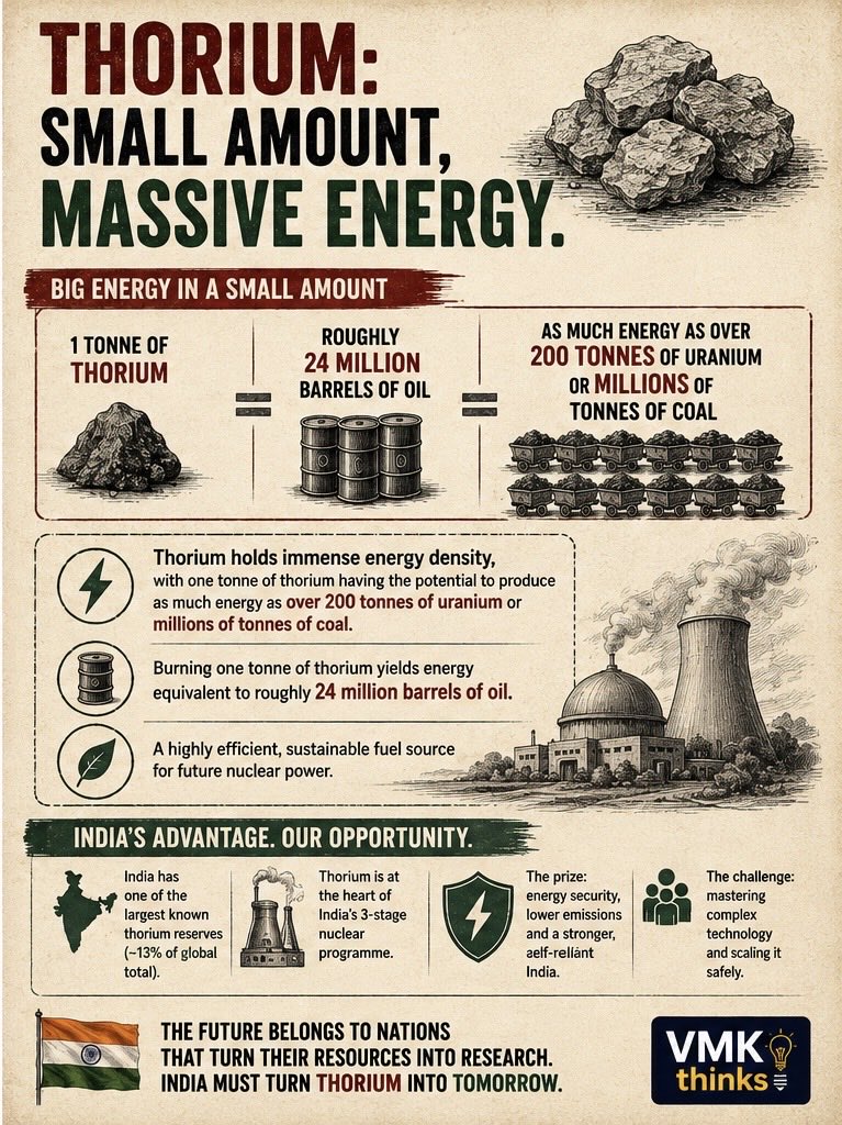 vmkthinks's tweet photo. ⚛️ India is sitting on an energy advantage buried beneath its own soil: Thorium. 🇮🇳

India holds roughly 13% of the world’s identified thorium resources but having the resource is only half the story.

Thorium-232 cannot directly sustain a nuclear chain reaction. It must be converted into Uranium-233, which is why thorium sits at the heart of India’s ambitious three-stage nuclear programme.

The opportunity?
⚡ Long-term energy security
⚛️ Greater nuclear self-reliance
🌱 Low-carbon baseload power
🔬 Indigenous technological leadership

Resources create potential.
Technology turns potential into power.

For India, the thorium story could be about doing exactly that.

VMKthinks

#Thorium #NuclearEnergy #EnergySecurity #Science #AtmanirbharBharat #India #VMKThinks