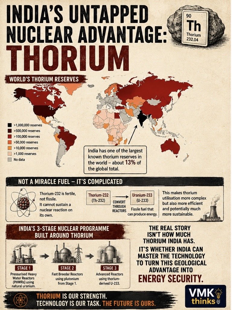 vmkthinks's tweet photo. ⚛️ India is sitting on an energy advantage buried beneath its own soil: Thorium. 🇮🇳

India holds roughly 13% of the world’s identified thorium resources but having the resource is only half the story.

Thorium-232 cannot directly sustain a nuclear chain reaction. It must be converted into Uranium-233, which is why thorium sits at the heart of India’s ambitious three-stage nuclear programme.

The opportunity?
⚡ Long-term energy security
⚛️ Greater nuclear self-reliance
🌱 Low-carbon baseload power
🔬 Indigenous technological leadership

Resources create potential.
Technology turns potential into power.

For India, the thorium story could be about doing exactly that.

VMKthinks

#Thorium #NuclearEnergy #EnergySecurity #Science #AtmanirbharBharat #India #VMKThinks