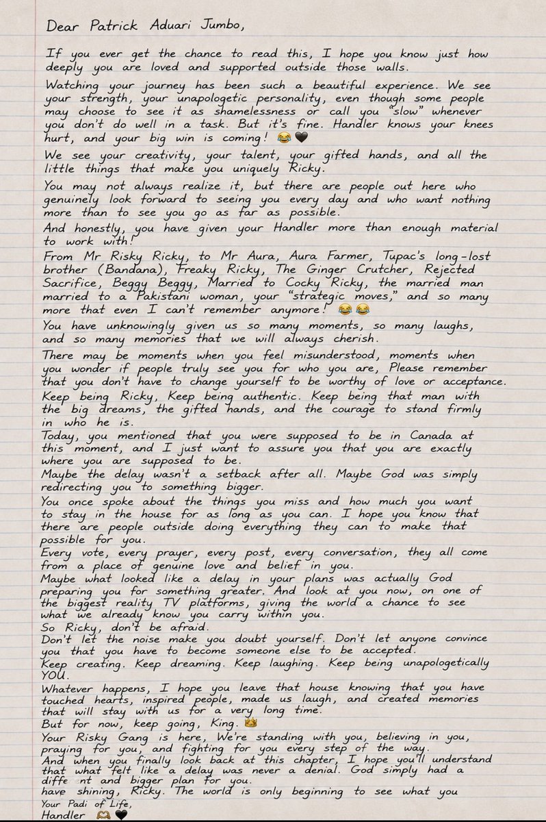 Ricky_jumbo's tweet photo. Aquafina task is here, and Handler has written a letter to that annoying entertainer client! 🫂🖤

VOTE RICKY 
#BBNaija #RickyJumbo https://t.co/qAG3lOqGBZ