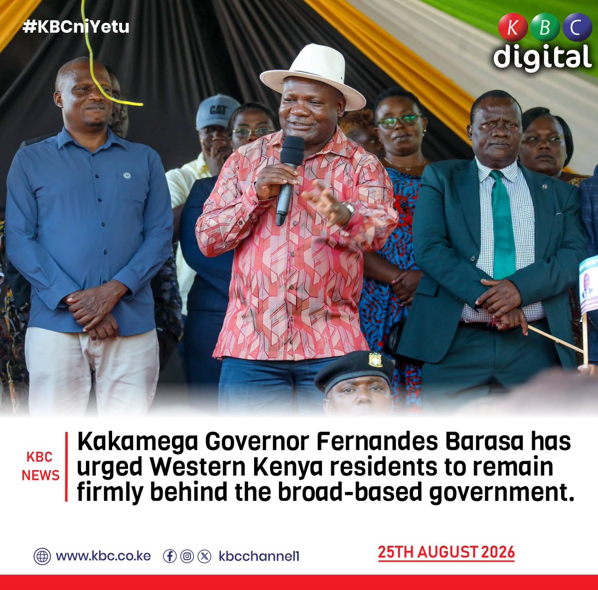 KBCChannel1's tweet photo. 2027 POLITICS

Kakamega Governor Fernandes Barasa has urged Western Kenya residents to remain firmly behind the broad-based government.

#KBCniYetu ^KG https://t.co/YFl7YowT6B