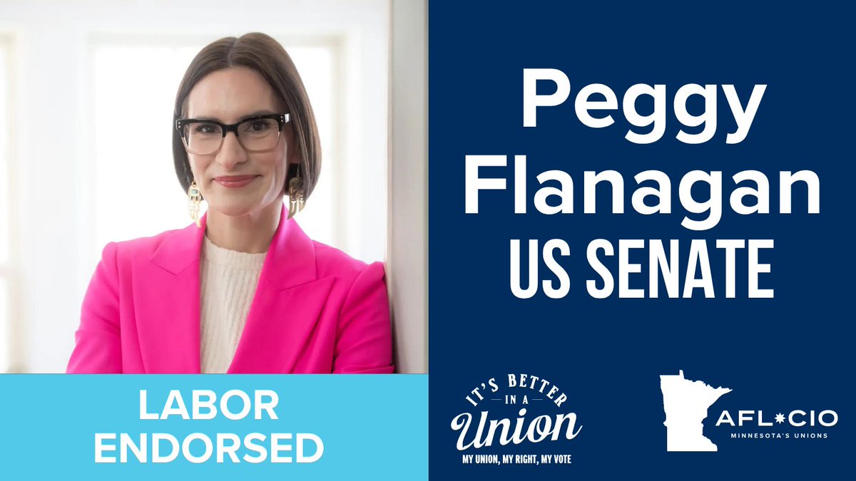 MNAFLCIO's tweet photo. Peggy Flanagan has devoted her life as an organizer, advocate, and elected leader to improving the lives of workers and families, and she is exactly the kind of person working Minnesotans need representing us in the United States Senate. #BetterInAUnion https://t.co/JTYBJkU5if https://t.co/PWyonOZVPp