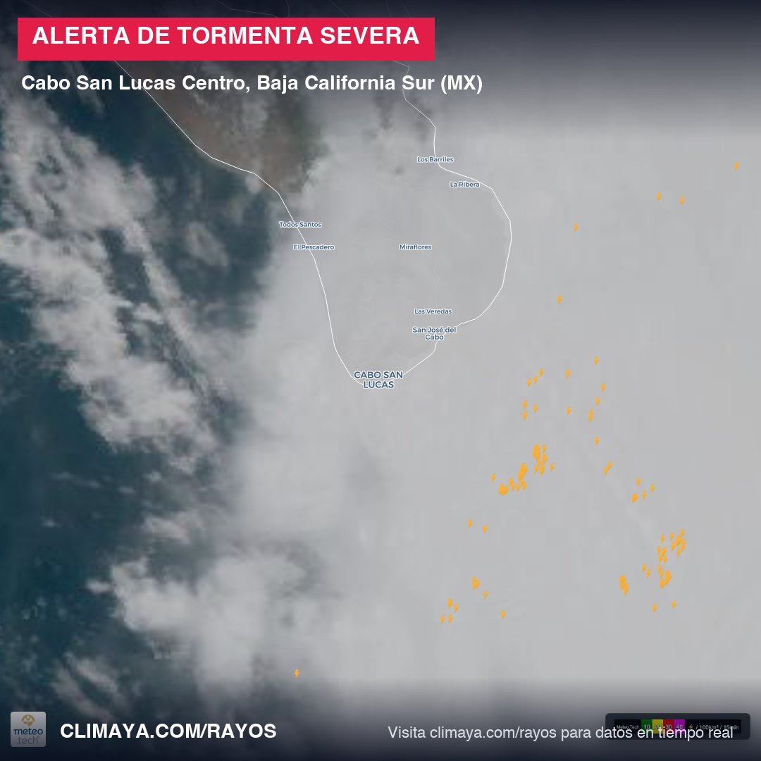 climaya's tweet photo. 🇲🇽 ⚡ ALERTA DE TORMENTA SEVERA
📍 Cabo San Lucas Centro, Baja California Sur
⚠️ Efectos previstos:
💨 Ráfagas de viento fuertes
🌧️ Lluvia intensa puntual
⚡ Alta actividad de rayos
#climaMX https://t.co/juF9ZzEEDT