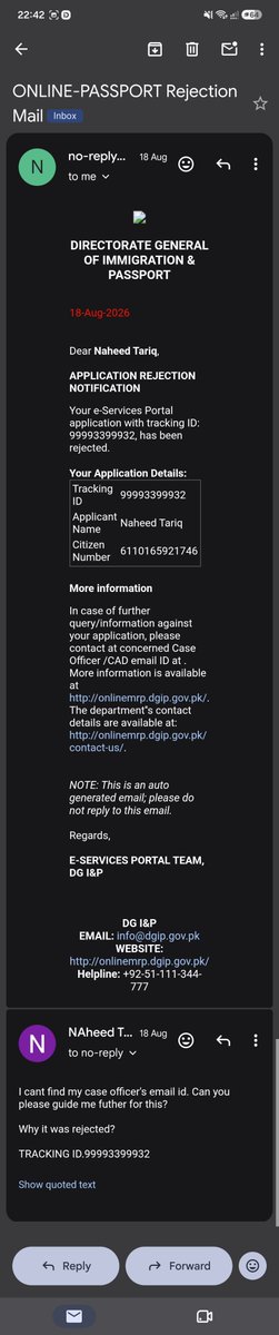 AsadUllahChdry's tweet photo. @DGIPOfficial @PakIdentity

1/2 
My mother’s urgent online passport renewal application was rejected without any reason.

Tracking ID: 99993399932
Applied: 16 Aug 2026
Fee Paid: PKR 8,000
Biometric verification completed via Pak Identity App. https://t.co/GFba1D8iJL