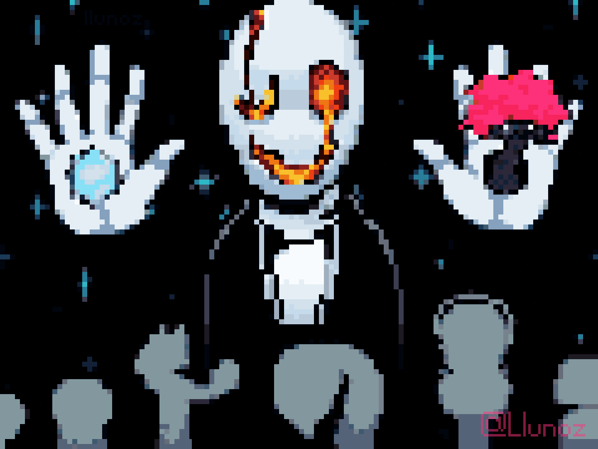 Llunoz's tweet photo. When you have three characters you want to draw but can't pick so you lowkey do all three 😭 #deltarune #pixelart #art #ドット絵 https://t.co/5KeH2iUUlW