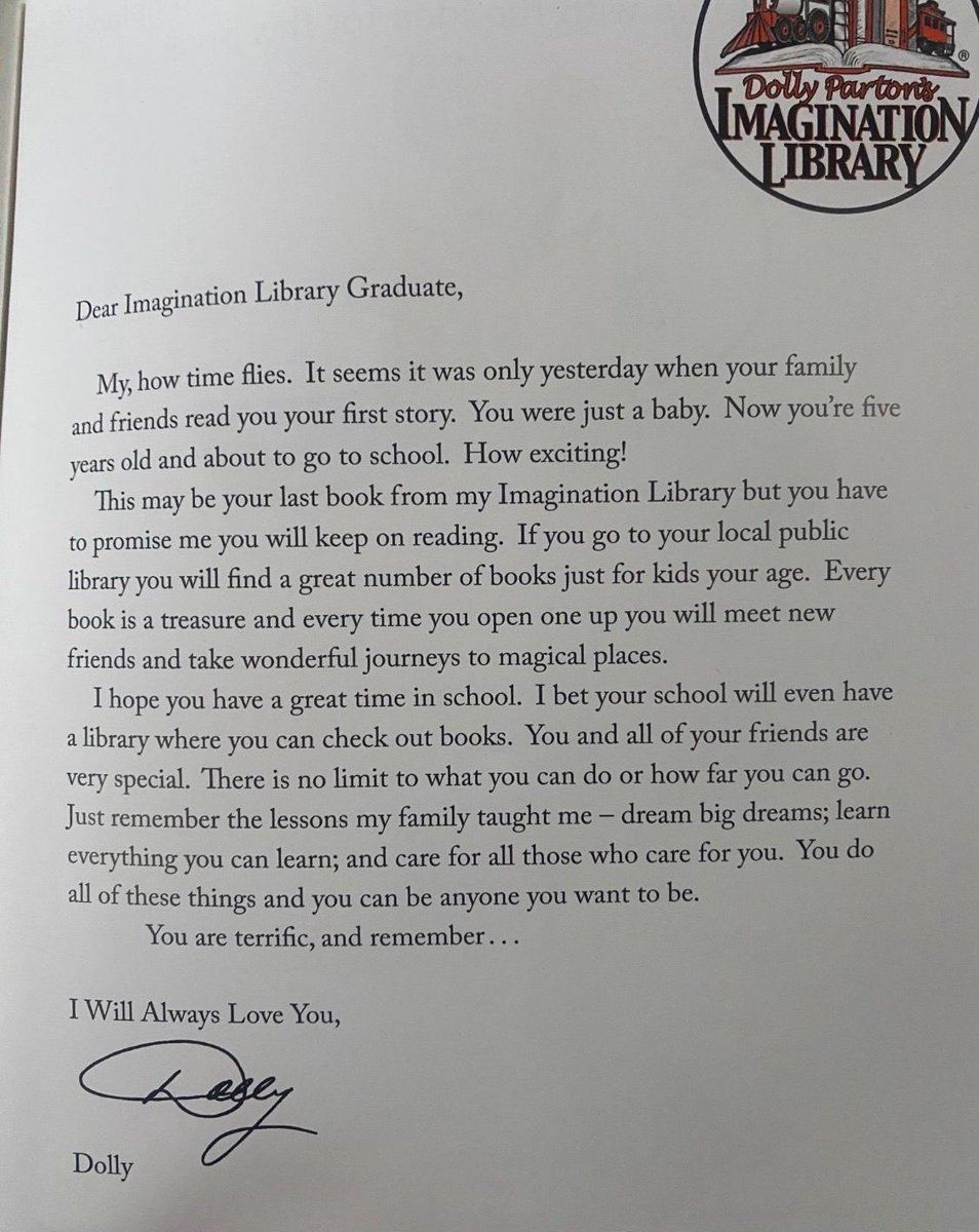 FionaSmall's tweet photo. The letter that kids received at the end of Dolly Parton’s Imagination Library https://t.co/n0jDcNn3C3