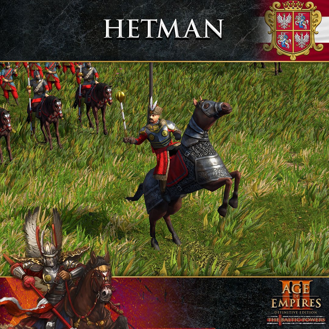 AgeOfEmpires's tweet photo. The cavalry has arrived in the form of the Hetman, a Polish unit for #AoEIII: DE - The Baltic Powers! 🐎 
 
Collect Treasures, construct Trading Posts, Town Centers, and the new Sejm building with this fast and durable cavalry hero. https://t.co/aIvd8a7mGY