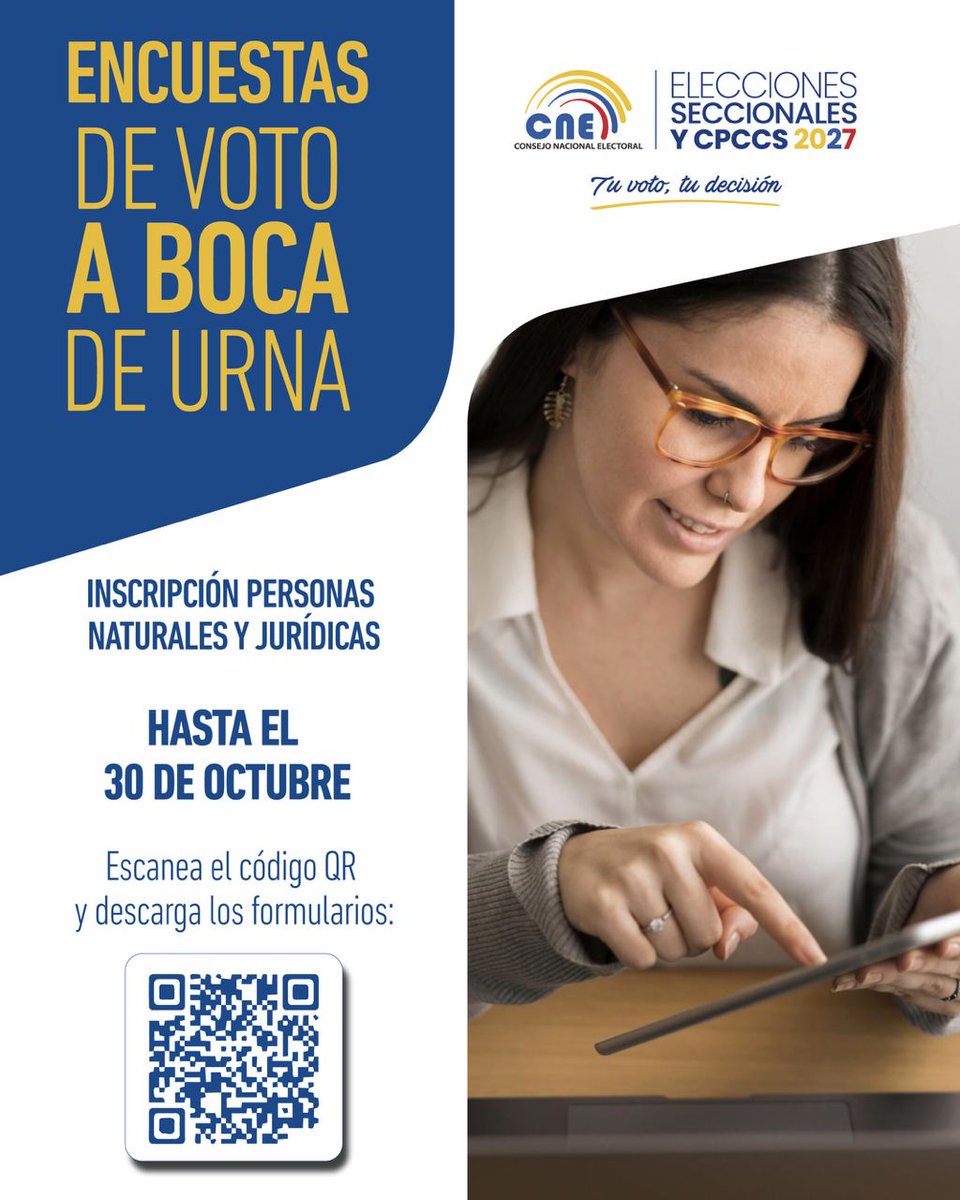 CNEManabi's tweet photo. 🧑🏻‍💻 | Las personas naturales y jurídicas que deseen realizar encuestas de voto a boca de urna durante las #Elecciones2027Ec y #ElecciónCPCCS2027 deberán cumplir con el proceso de inscripción correspondiente.

📅 El plazo para registrarse vence el 30 de octubre. https://t.co/oF2un1LMy6