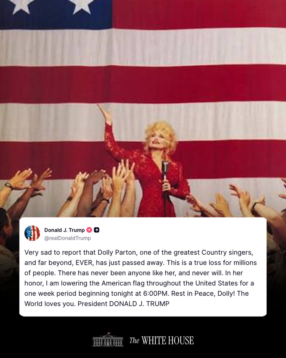 WhiteHouse's tweet photo. "Rest in Peace, Dolly! The World loves you." - President Donald J. Trump https://t.co/ZPf8IzybNe