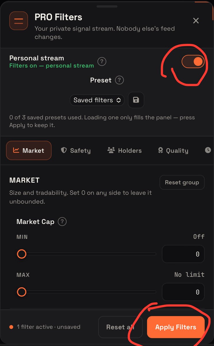 FoxClubOfficial's tweet photo. We've been working on bugs with custom filters. You can test them yourself on https://t.co/yPjRvPTYLK and let us know if you find any. We recommend excluding Solana from your custom filters, as its signals are currently poor (we'll refine our algorithms for Solana later, as this network is the most scam-intensive). For example, today's Win Rate on the Base network was 70%. Also, don't forget to click "Reset All," adjust your filters to your liking, check "Personal Stream," and click "Apply," otherwise your settings won't work.