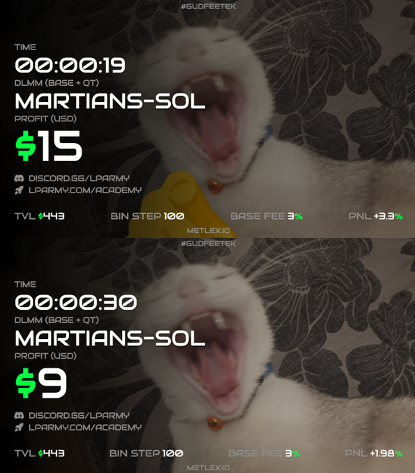 imansolan's tweet photo. Got some call from the discord @met_lparmy  and a bit late to this. Wait for a while then the token pumps. Quickies rule 🎒🤟

Might wanna lower the bins after this. But, this strat is very high risk.

Strategy: 🎯
> Curve Sol Sided
> -30 Bins
> Volume 5 min/400k https://t.co/xZDRQxFZHQ