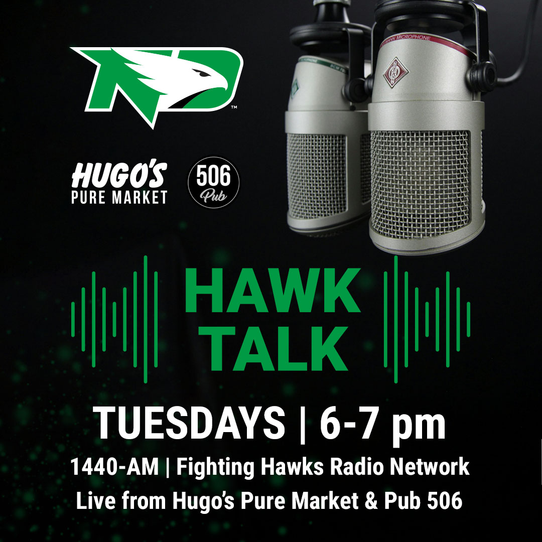 UNDsports's tweet photo. Hawk Talk is back for the 2026-27 season😁 

🗓️Tonight | August 25
📍Hugo's 506 Pub
⏰6 p.m.

Tonight's Lineup:
🟢AD Bill Chaves
🏈HC Eric Schmidt
⚽HC Henrik Sohn

#UNDproud https://t.co/dRG16uuQ2T