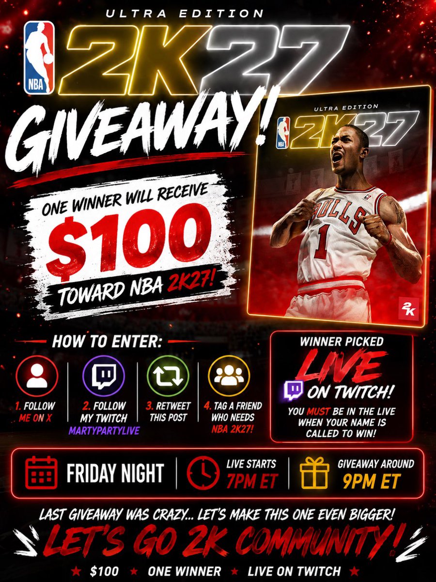 martypartylive's tweet photo. 🚨🎮 NBA 2K27 GIVEAWAY!!! 🎮🚨

WE’RE RUNNING IT BACK!!! 🔥🔥🔥

I’m giving ONE PERSON $100 TOWARD #NBA2K27! 💰🏀

Want a chance to win? 👀

🔥 HOW TO ENTER:
✅ Follow me on X
✅ Follow my Twitch — 
https://t.co/Luv9BA8aPE
🔁 RETWEET THIS POST
💬 Tag a friend who still needs #NBA2K27!

🏆 WINNER WILL BE PICKED LIVE ON TWITCH!

📅 FRIDAY NIGHT
⏰ Live starts at 7PM ET
🎁 Giveaway around 9PM ET

You MUST BE IN THE LIVE when your name is called to win! 👀

Last giveaway was CRAZY… now let’s see if we can make this one even BIGGER. 🚀

$100. ONE WINNER. LIVE ON TWITCH.

LET’S GO 2K COMMUNITY!!! 🏀🔥

#NBA2K27 #NBA2K #2KCommunity #Twitch #Giveaway