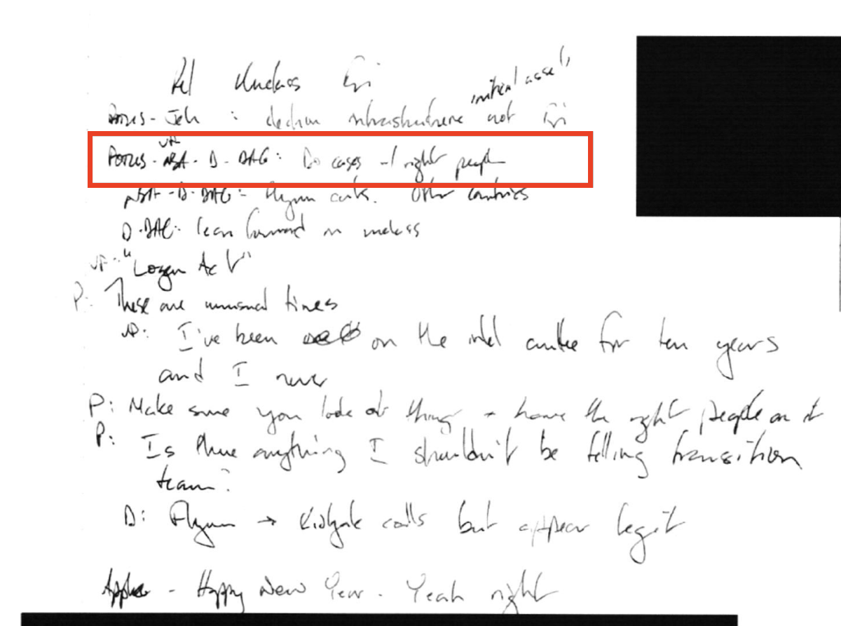 RealSLokhova's tweet photo. Obama promised a peaceful transfer of power.

In truth, Obama was running an operation against President Trump with the goal of overthrowing the legitimately elected president.

Notes from the January 5, 2017 Oval Office meeting show that Obama and Biden ordered Susan Rice, Jim Comey, and Sally Yates to “Do cases + right people.”
The “right people” included Peter Strzok, who was briefed on the matter and wrote these notes.

Obama’s order started a chain of events culminating in the FBI’s investigation of President Trump as a Russian asset and the Mueller witch hunt.

My book at https://t.co/SZz91di1xH describes it all.
