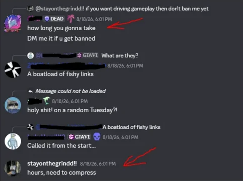 RockstarAlerts's tweet photo. Recent findings tie GTA 6 leak distribution to a Discord user who shared clips in a public server days before Cyberleek went viral. Adding to the paper trail, the map leak was also found on Imgur timestamped August 16th, days before the main leaks went public. https://t.co/Yb5iCo6AyD