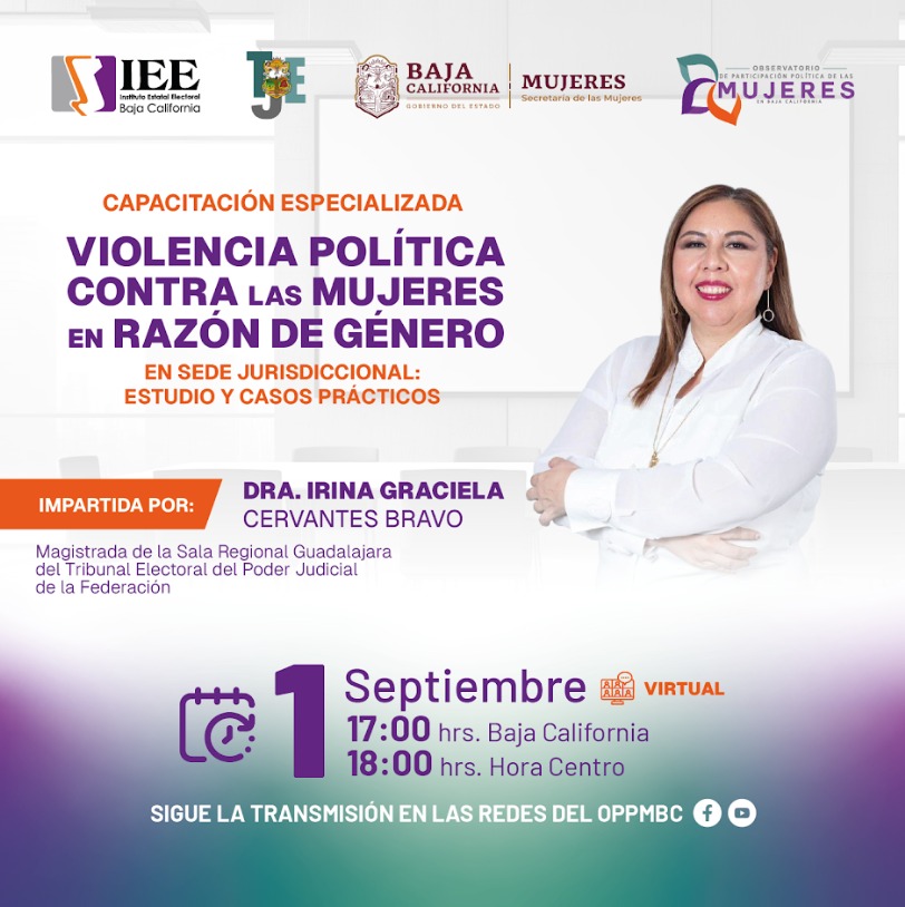 TJE_BC's tweet photo. El #TJEBC tiene el honor de invitarles a la capacitación especializada “#VPMRG en sede jurisdiccional: Estudio y Casos Prácticos” impartida en el marco de los trabajos del #OPPMBC por la Dra. Irina Cervantes, Mgda. del @TEPJF_GDL 

📅 1 sep.
🕔 17 hs.
✍️ https://t.co/ZNXam44afL https://t.co/5rMnTWQT1r