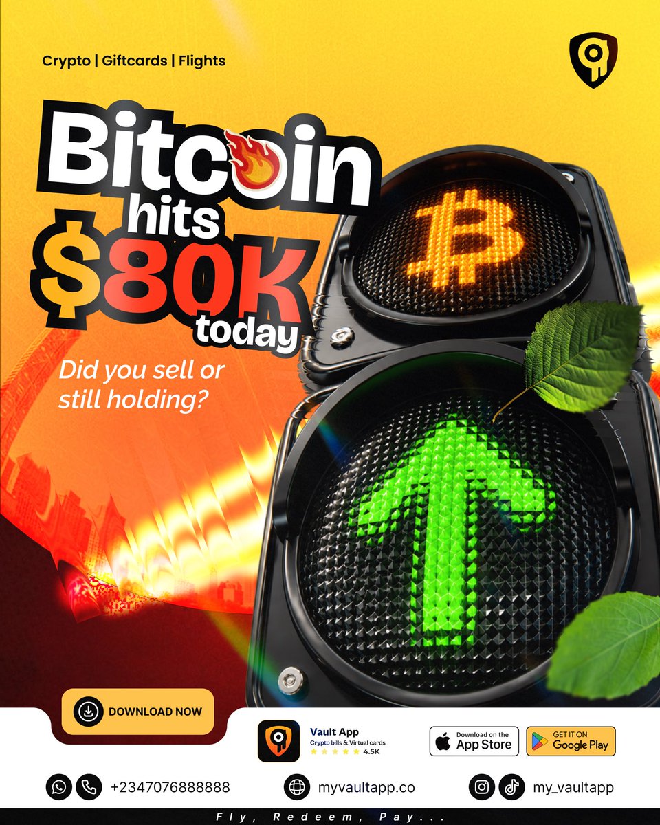 My_VaultApp's tweet photo. BTC touched $80K today 👀

Some took profits, some took screenshots 
So, be honest… which one are you 😂

Drop your answer below 👇🏾

#Bitcoin #VaultApp https://t.co/1f8HHfKRUX