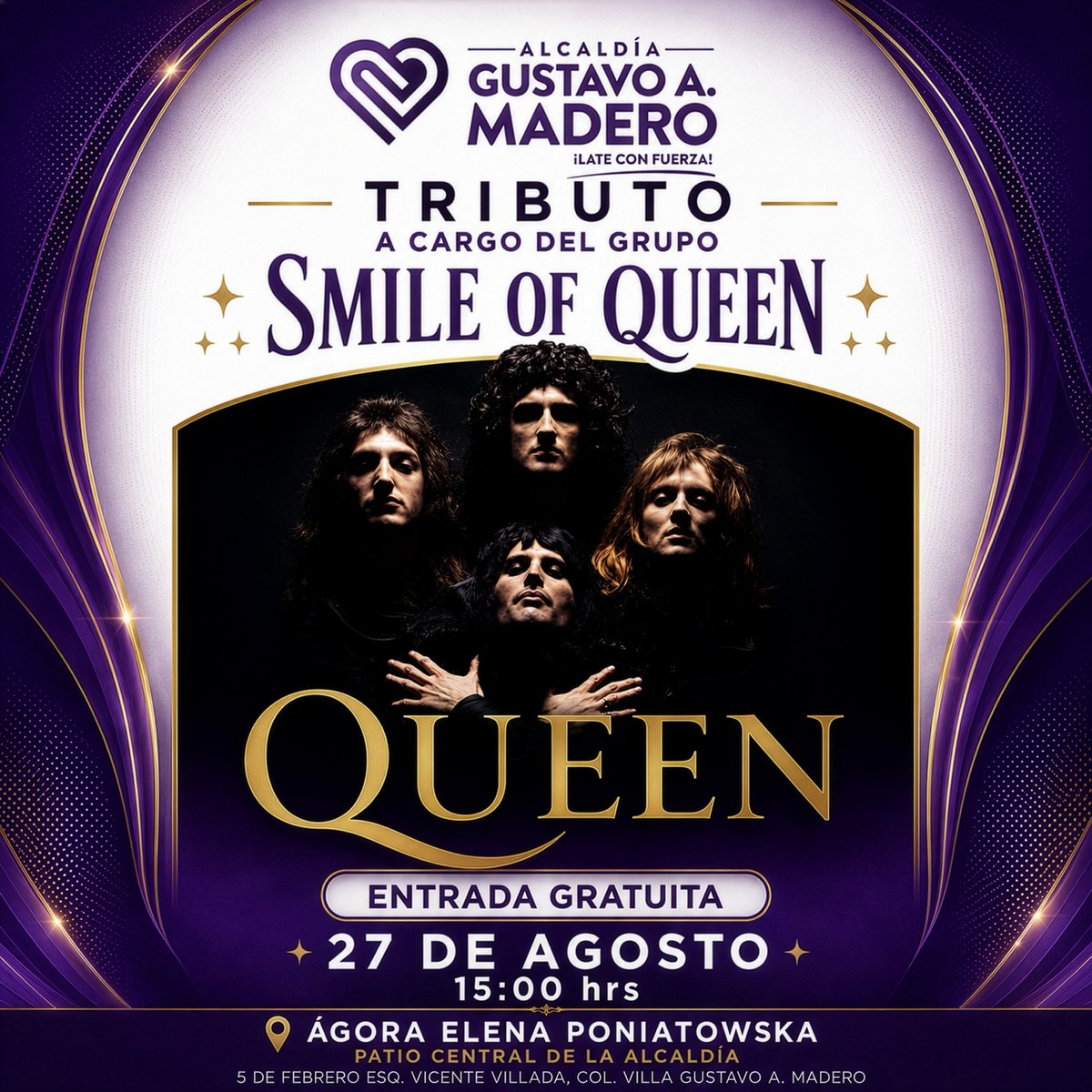 TuAlcaldiaGAM's tweet photo. 👑Disfruta de un increíble Tributo a Queen y canta a todo pulmón los grandes éxitos de una de las bandas más legendarias de todos los tiempos.✨

📅 27 de agosto
🕒 15:00 h
📍 Ágora Elena Poniatowska
🎟️ Entrada libre

¡Te esperamos para vivir una tarde llena de rock! 🤘🔥 https://t.co/vZXyKmB6Aj